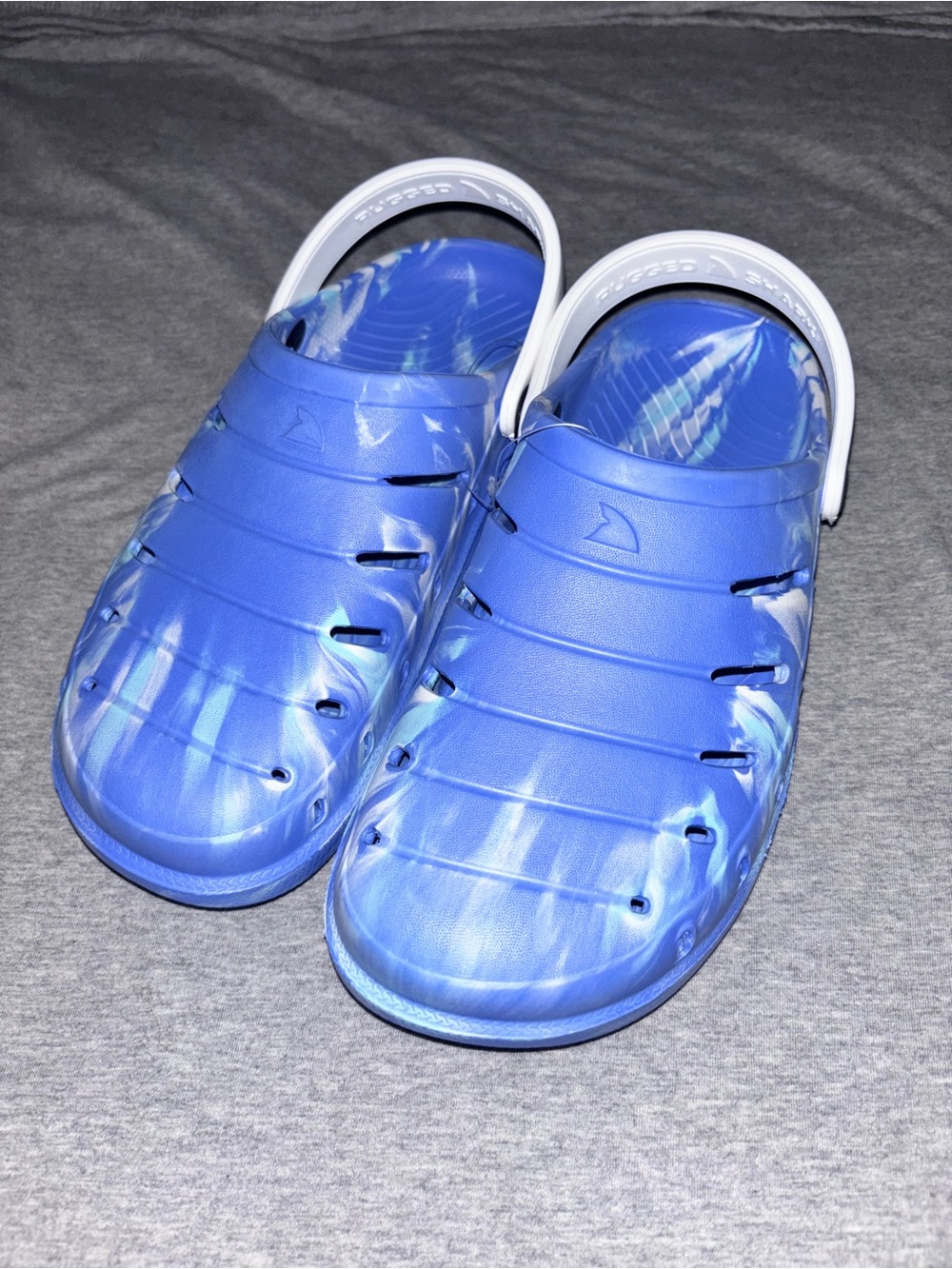 Rugged Shark Blue Marble Slip-On Clog Sandals with White Strap